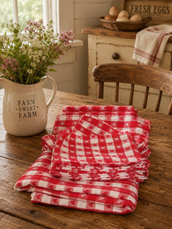 Cotton Other - Red & White Gingham Tablecloth & Napkins Heart